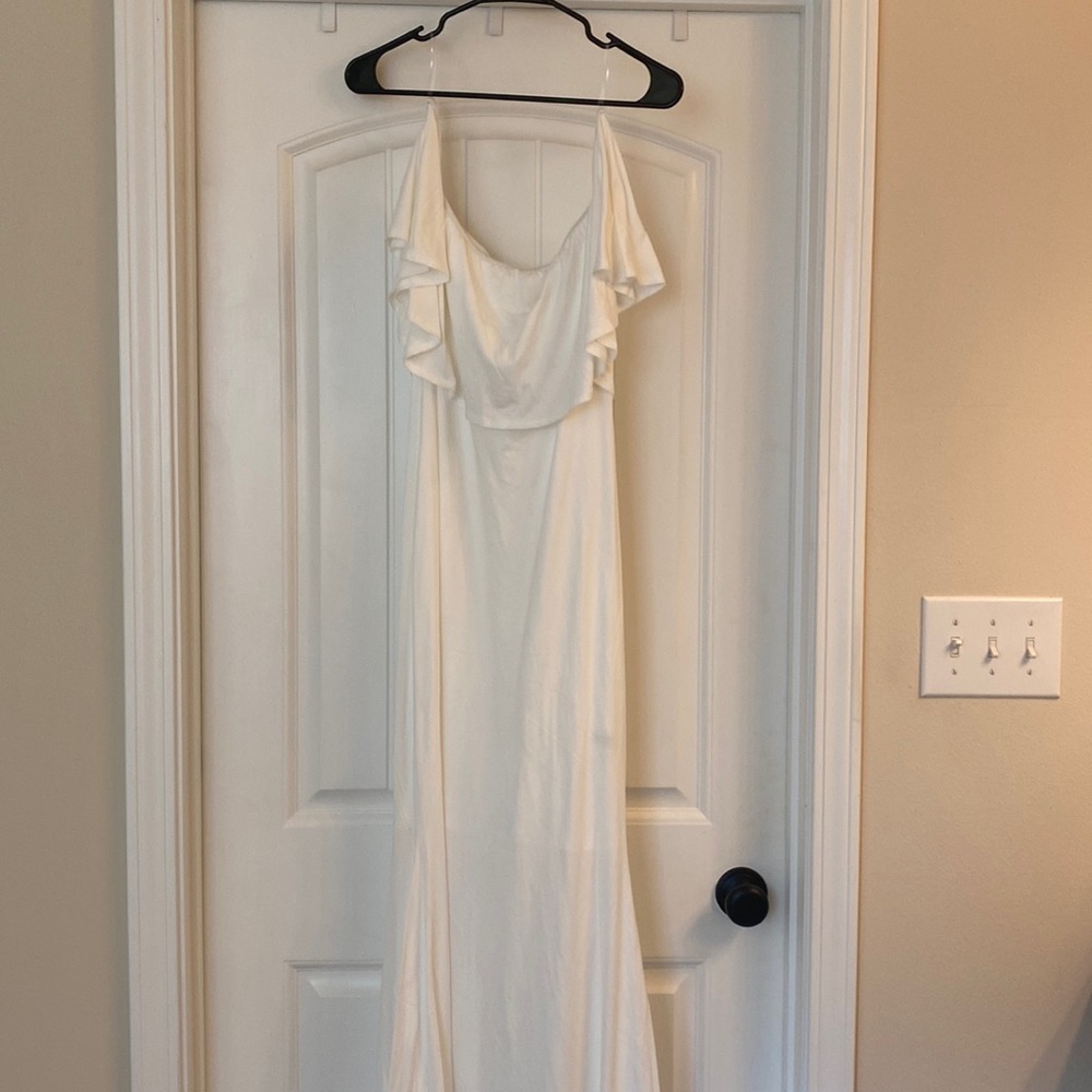 Off shoulder ivory maternity maxi gown.